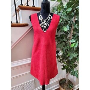 R.Vivimos Fall Faux Suede Red Polyester V-Neck Sleeveless Knee Length Dress S